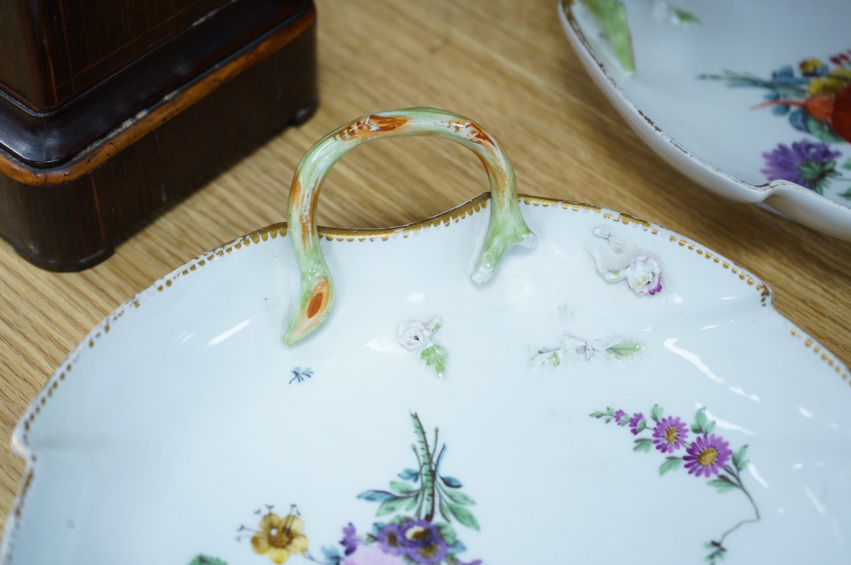 A pair of late 18th / early 19th century Meissen ‘leaf’ dishes, 25cm